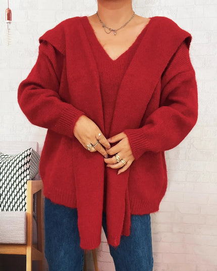 Ribbed Hem V-Neck Sweater with Shawl