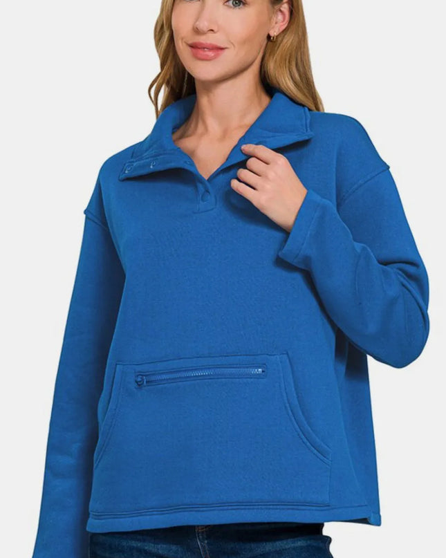Zenana Turtleneck Half Snap Fleece Sweatshirt Royal Blue