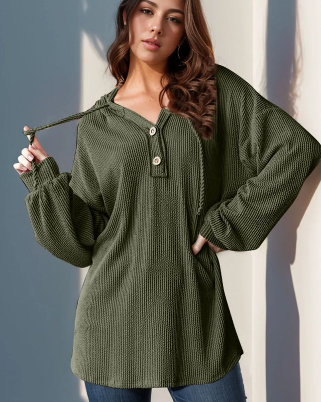 Double Take Full Size Half Button Long Sleeve Hoodie