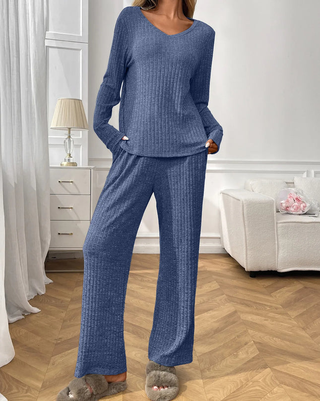 Ribbed Long Sleeve Top and Pants Lounge Set Blue