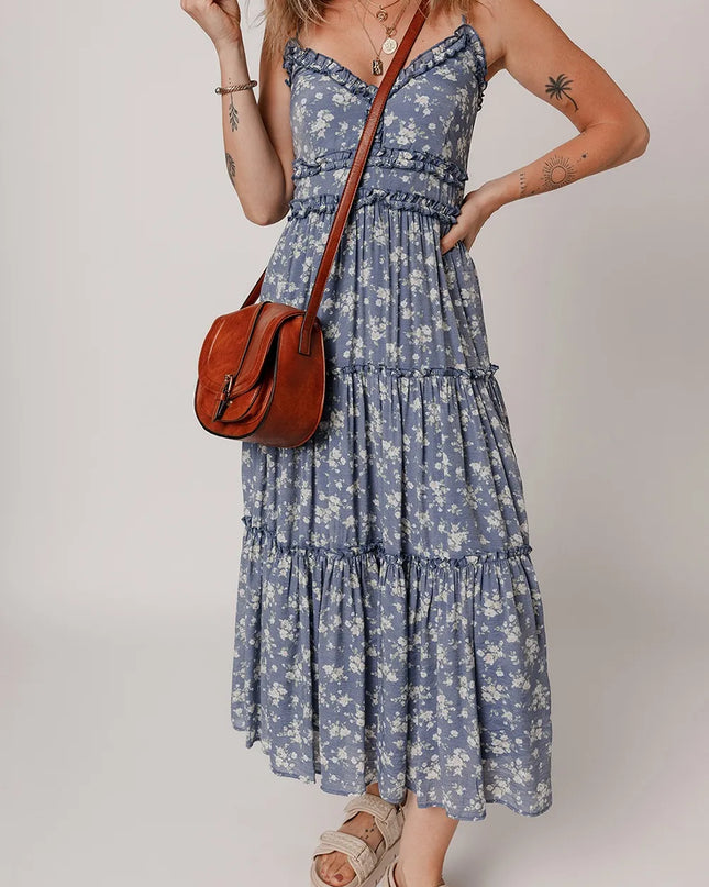 Floral Spaghetti Strap Frilled V Neck Tiered Midi Dress