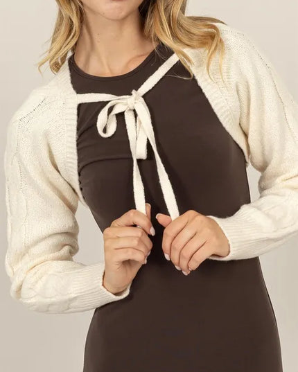 HYFVE Cable-Knit Tie-Front Shrug CREAM