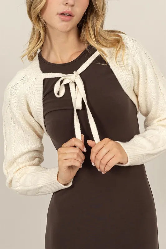HYFVE Cable-Knit Tie-Front Shrug CREAM
