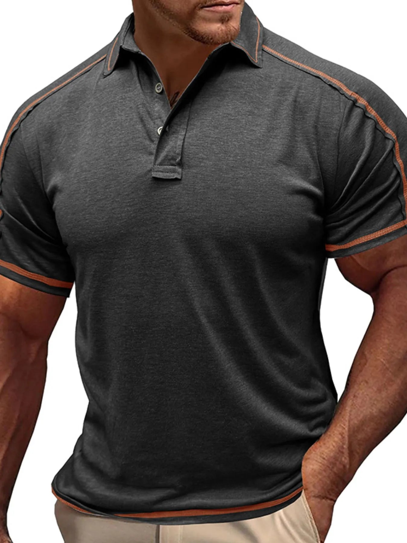 Men's Collared Neck Polo Shirt with Contrast Piping Dark Gray