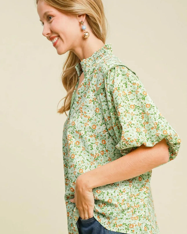 Umgee Full Size Floral Print Puff Sleeve Top Plus Size