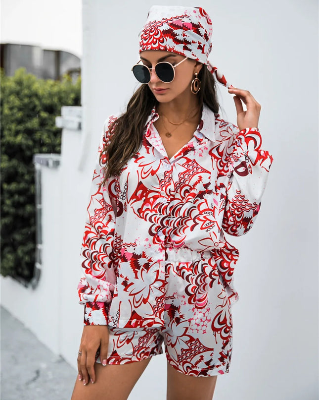 Printed Button Up Long Sleeve Shirt and Shorts Set Scarlet