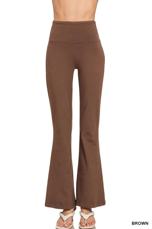 Zenana Wide Waistband Yoga Flare Pants BROWN