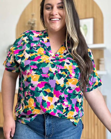 Double Take Full Size Printed V-Neck Short Sleeve Side Slit Top