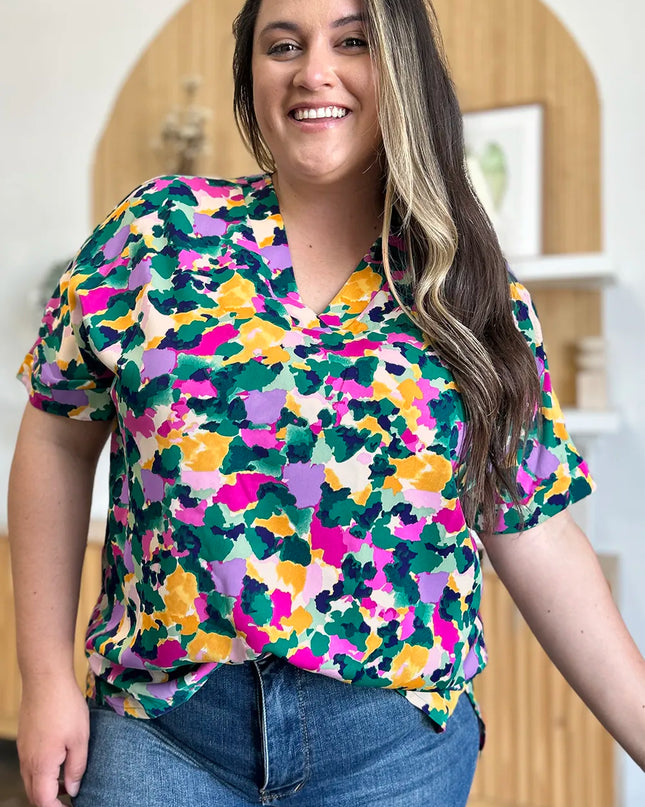 Double Take Full Size Printed V-Neck Short Sleeve Side Slit Top