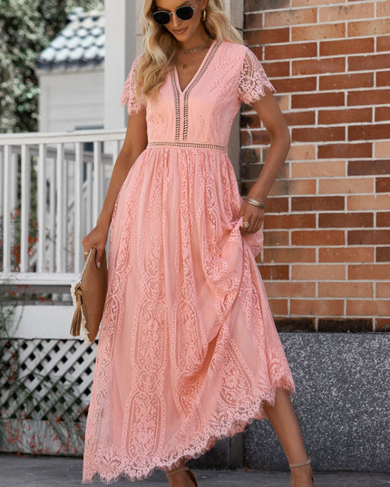 Scalloped Trim Lace Plunge Dress Coral