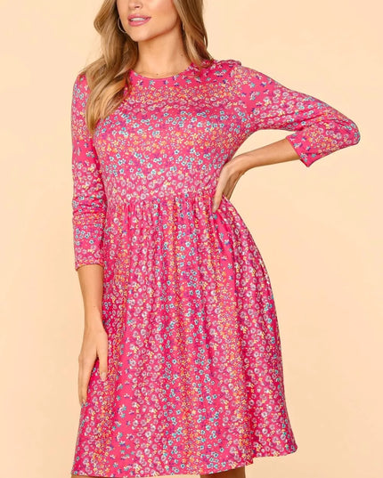 Haptics Round Neck Floral Dress with Pockets Fuchsia
