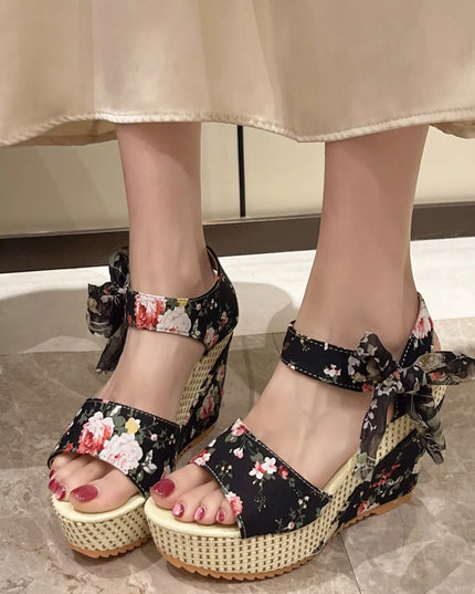 Floral Tied High Heel Sandals Black