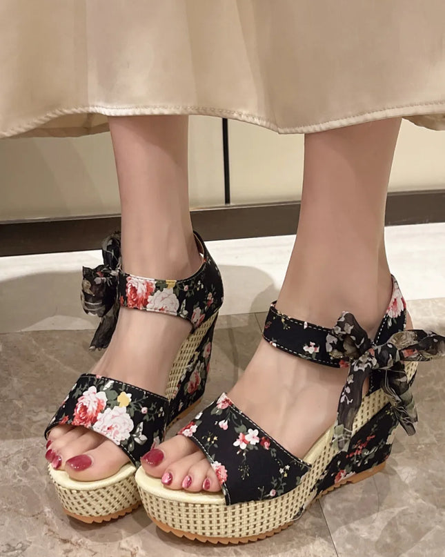 Floral Tied High Heel Sandals Black