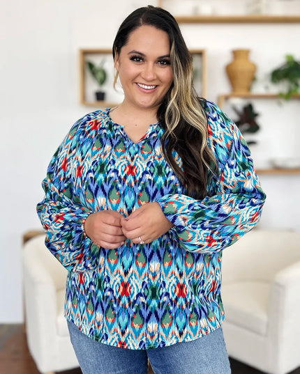 Double Take Full Size Printed Balloon Sleeve Blouse