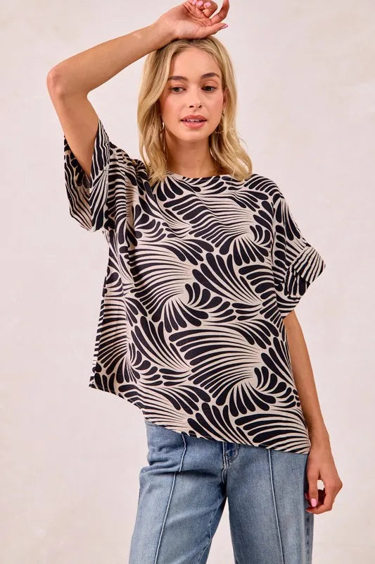 BiBi Print Woven Ruffled Sleeves Top