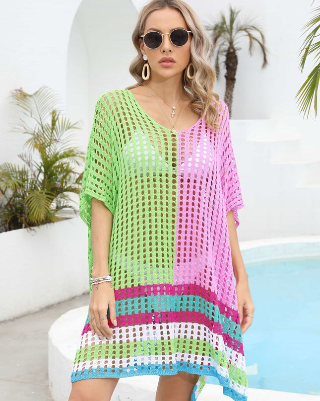 Contrast Scoop Neck Openwork Half Sleeve Cover Up Yellow-Green One Size