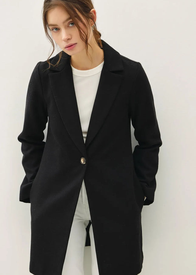 Be Cool Single Button Long Sleeve Coat with Pockets Black