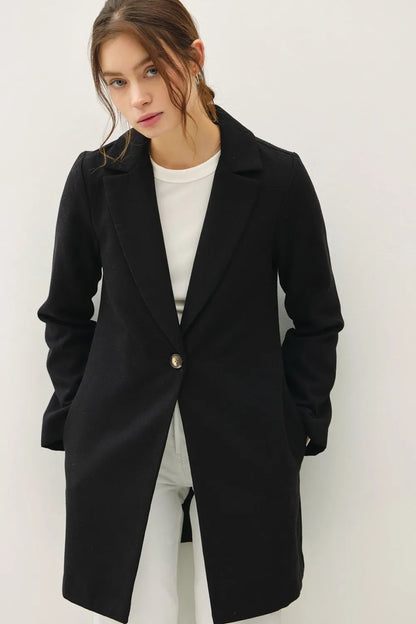 Be Cool Single Button Long Sleeve Coat with Pockets Black