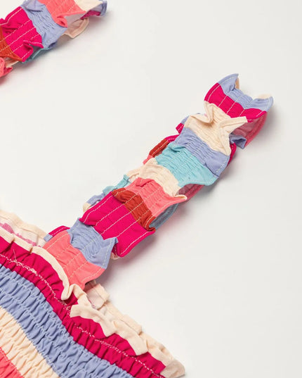 Contrast Stripe Wide Strap Smocked Tiered Dress