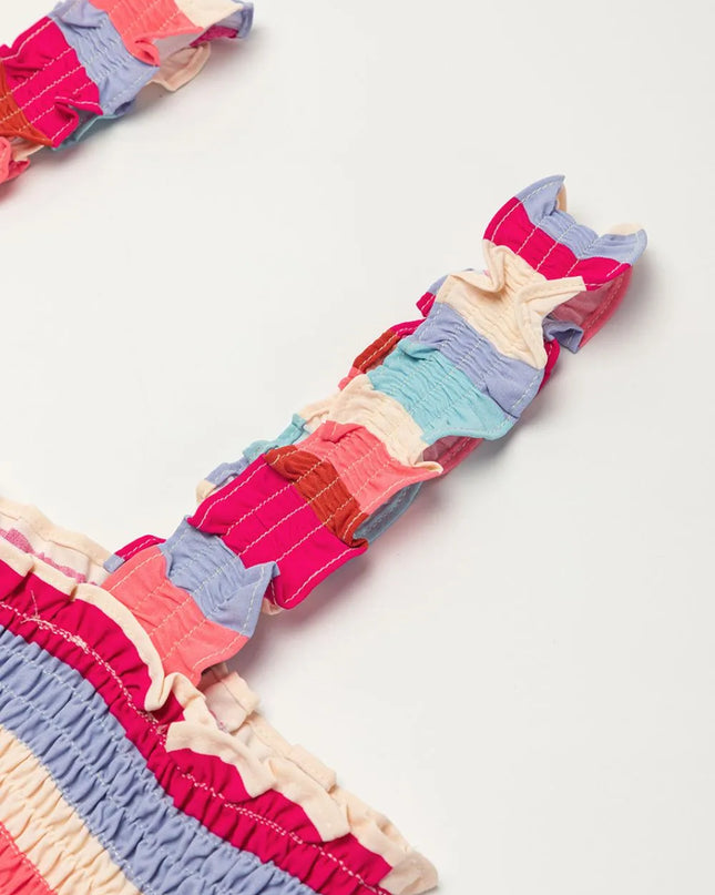 Contrast Stripe Wide Strap Smocked Tiered Dress