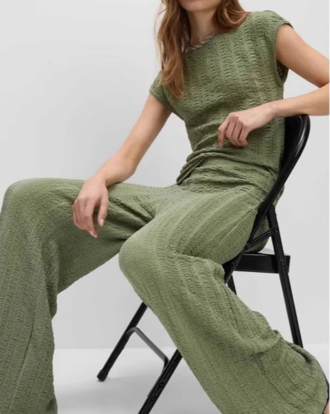 Round Neck Cap Sleeve Top and Pants Set Set