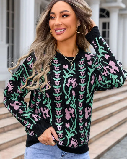 Angel Wings Flower Round Neck Long Sleeve Sweater Black