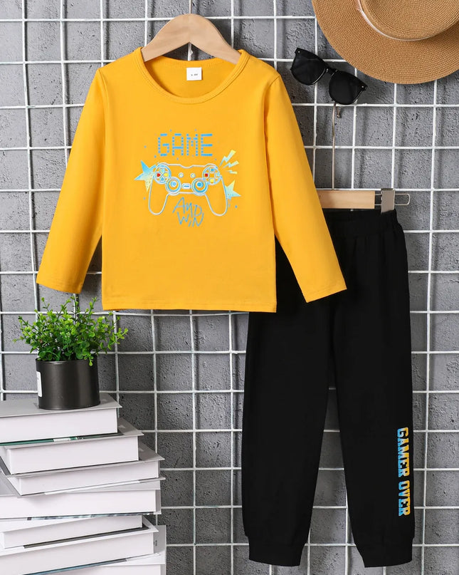 Kids Graphic Round Neck Long Sleeve Top and Pants Set Gold