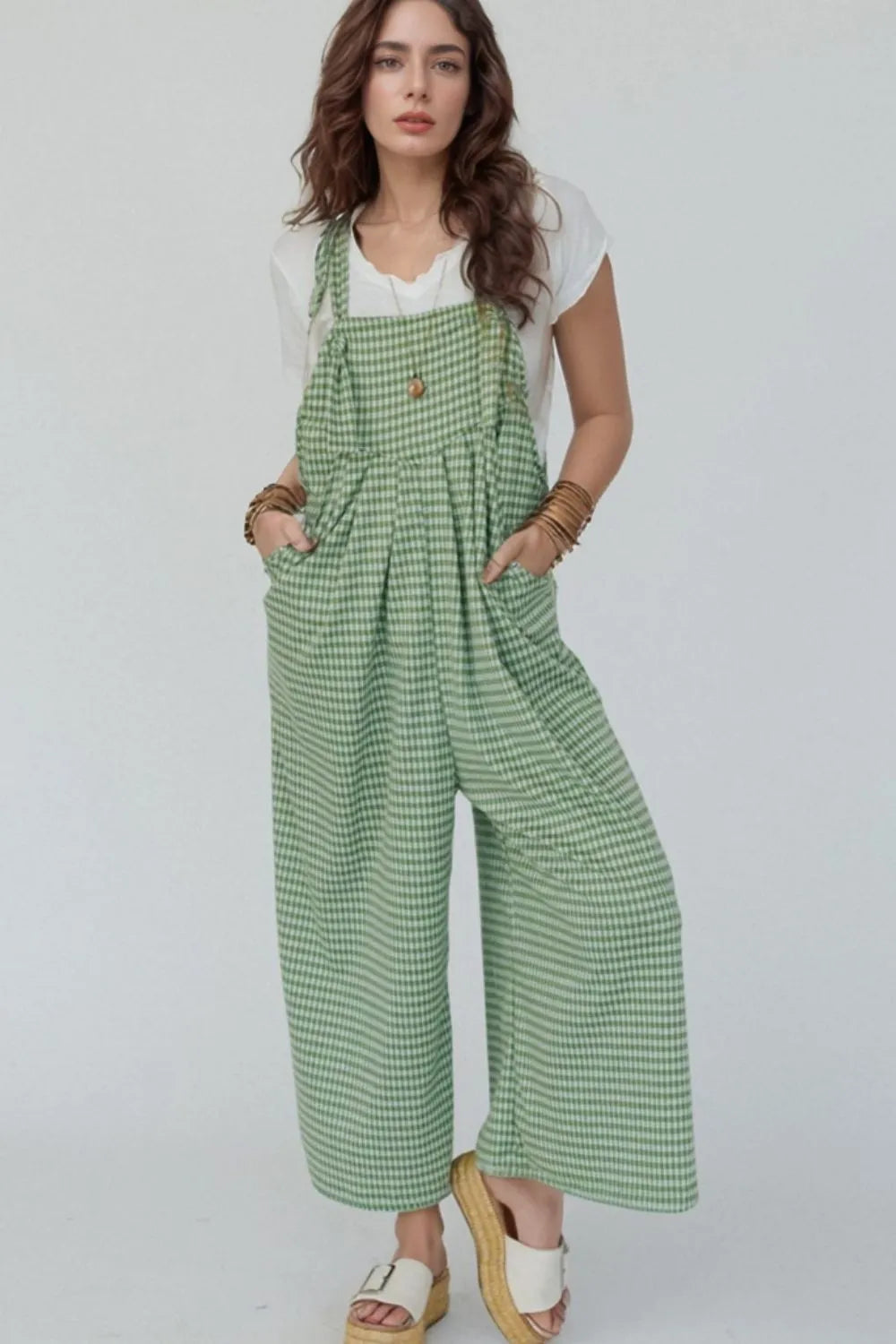 Casual Gingham Wide Leg Overalls