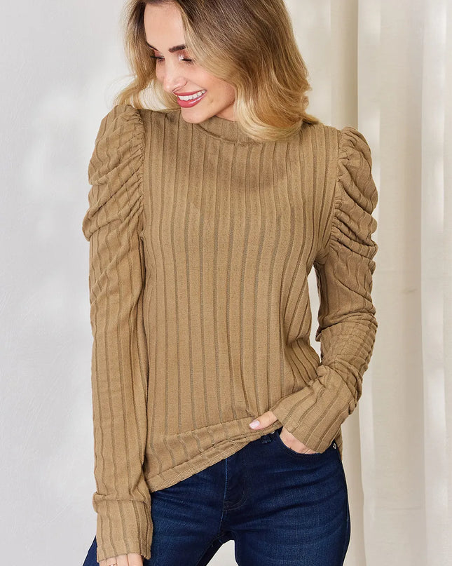 Basic Bae Full Size Ribbed Mock Neck Puff Sleeve T-Shirt