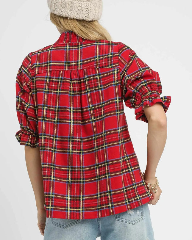 Umgee Plaid Smocked V-Neck Flannel Top