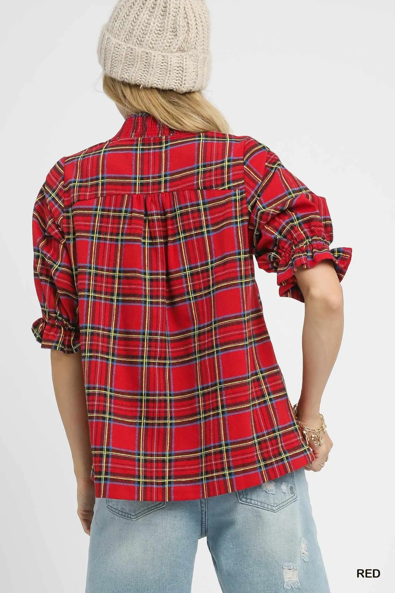 Umgee Plaid Smocked V-Neck Flannel Top