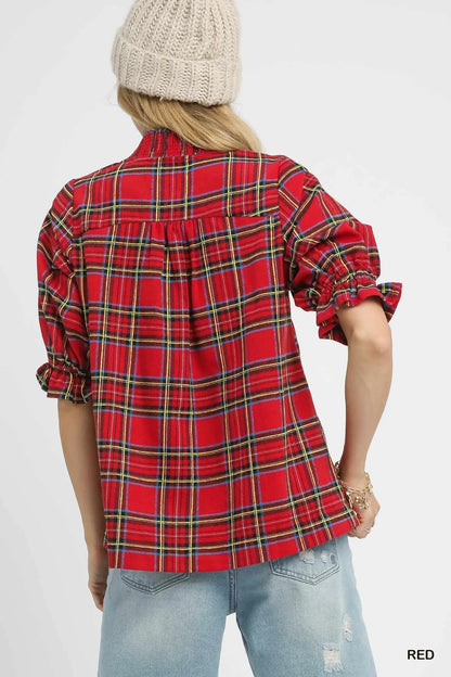 Umgee Plaid Smocked V-Neck Flannel Top