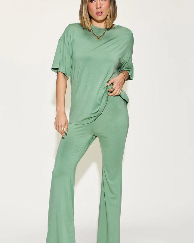 Basic Bae Full Size Bamboo Drop Shoulder T-Shirt and Flare Pants Set Sage