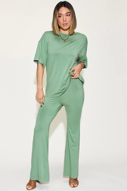 Basic Bae Full Size Bamboo Drop Shoulder T-Shirt and Flare Pants Set Sage