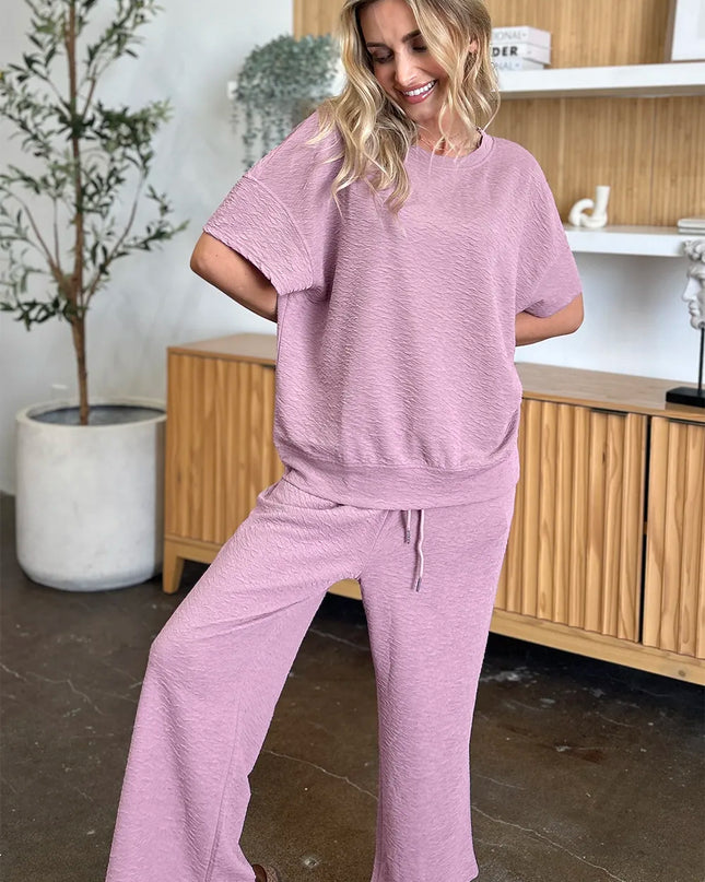 Double Take Full Size Texture Short Sleeve Top and Pants Set