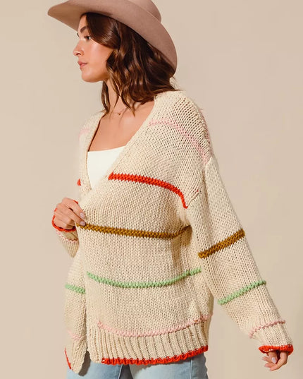 SO ME Loose Fit Multi Stripe Open Front Cardigan