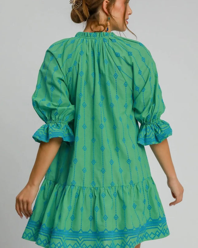 Umgee Full Size Tassel Embroidered Flounce Sleeve Mini Dress Plus Size