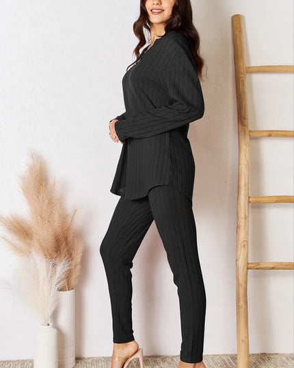Basic Bae Full Size Notched Long Sleeve Top and Pants Set