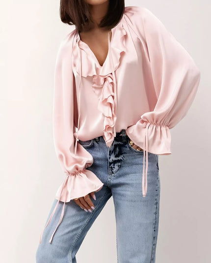 Ruffle Trim Satin Flounce Sleeve Blouse