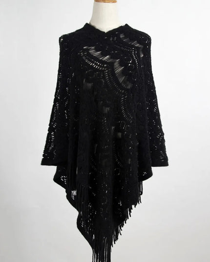 Fringe Openwork Surplice Cape Sleeve Poncho Black One Size