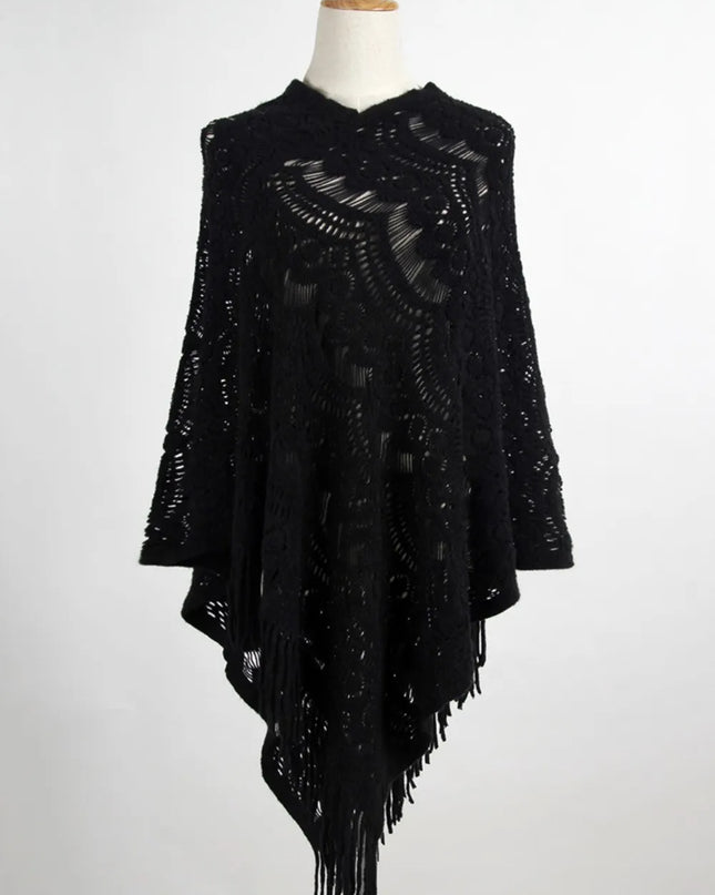 Fringe Openwork Surplice Cape Sleeve Poncho Black One Size