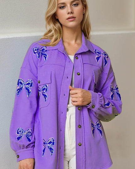 Double Take Full Size Sequin Bow Button Up Shacket Purple