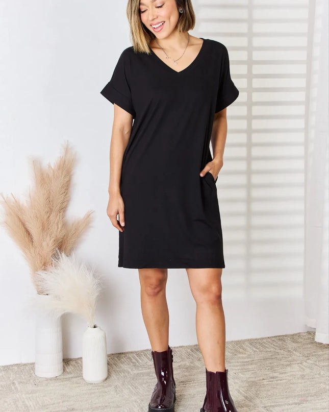 Zenana Full Size Rolled Short Sleeve V-Neck Dress