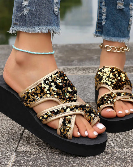 Sequin Platform Wedge Sandals 