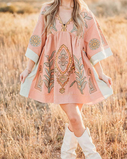 Printed V-Neck Kimono Sleeve Mini Dress