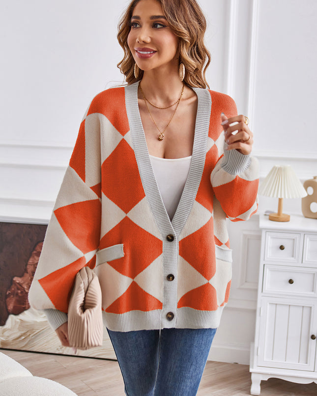 Geometric Lantern Sleeve Cardigan with Pockets