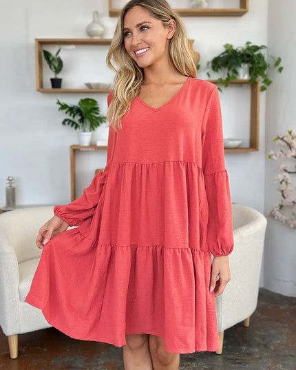 Double Take Full Size V-Neck Balloon Sleeve Tiered Dress with Pockets