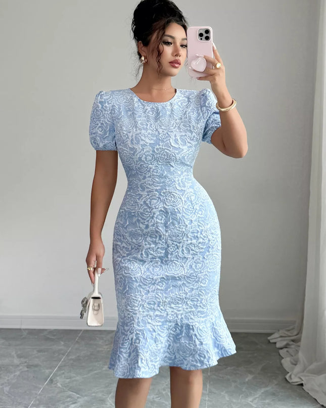 Rose Jacquard Bodycon Dress with Puff Sleeves