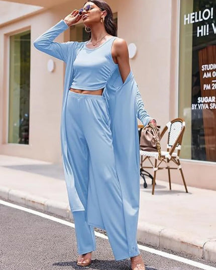 Drawstring Tank, Long Sleeve Cover Up and Pants Set Light Blue