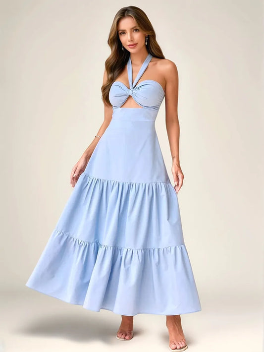 Twist Front Cutout Tiered Maxi Dress Light Blue